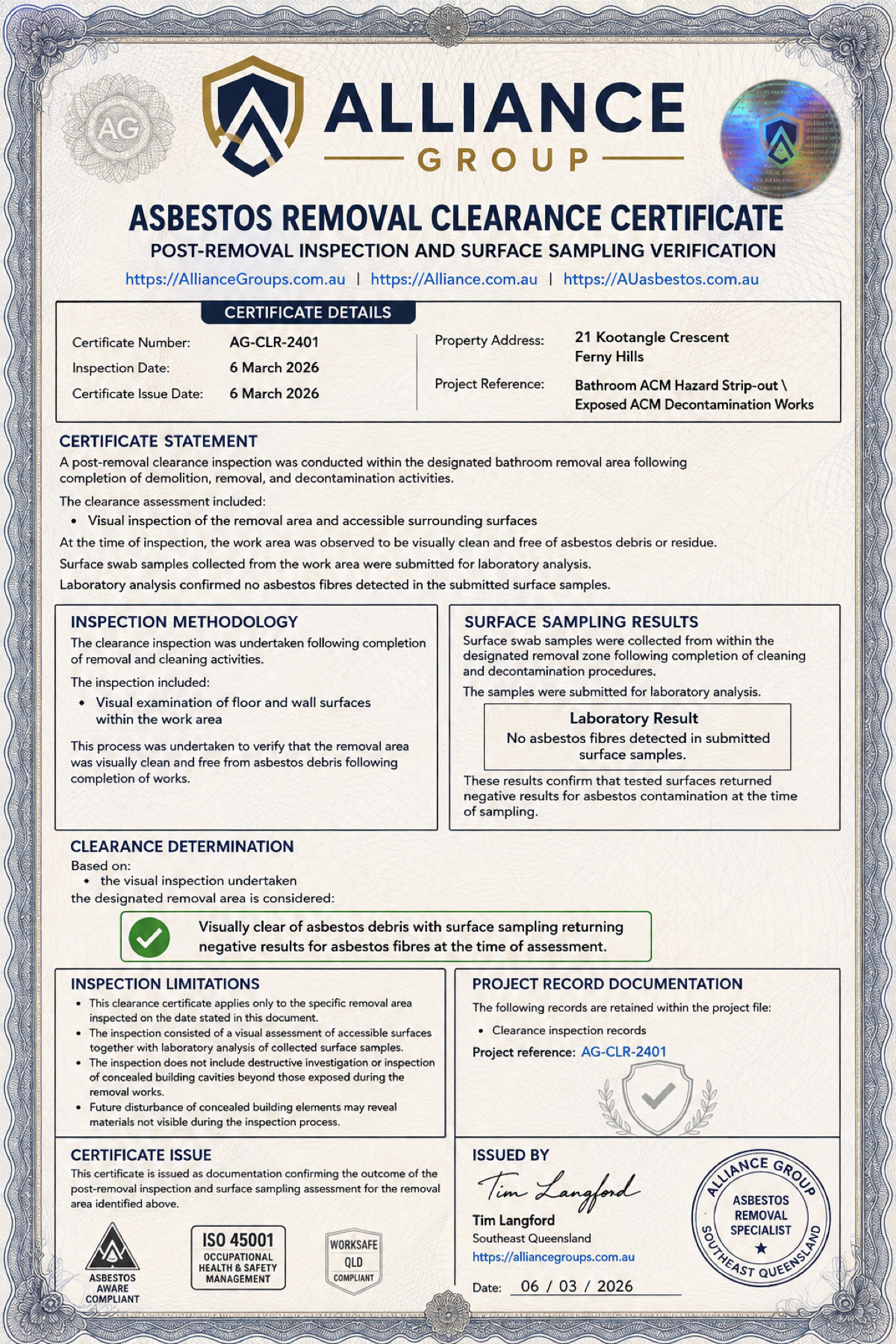 Official Clearance Certificate and Statutory Sign-off